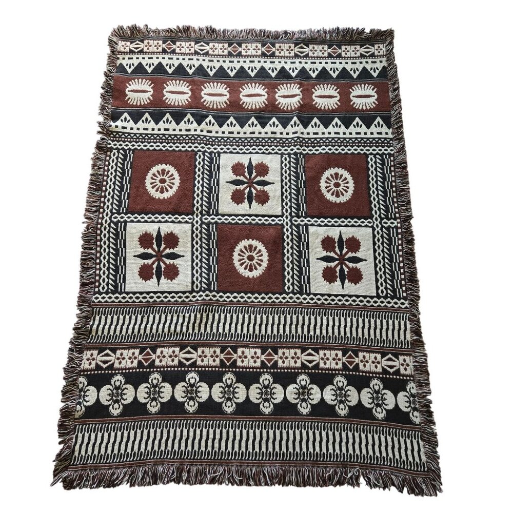 Vintage Throw Blanket Handcrafted Geometric Design Fringed Edges